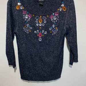 Objects D'art Women's Multicolor Rhinestone Metallic Ribbed Knit Sweater Medium